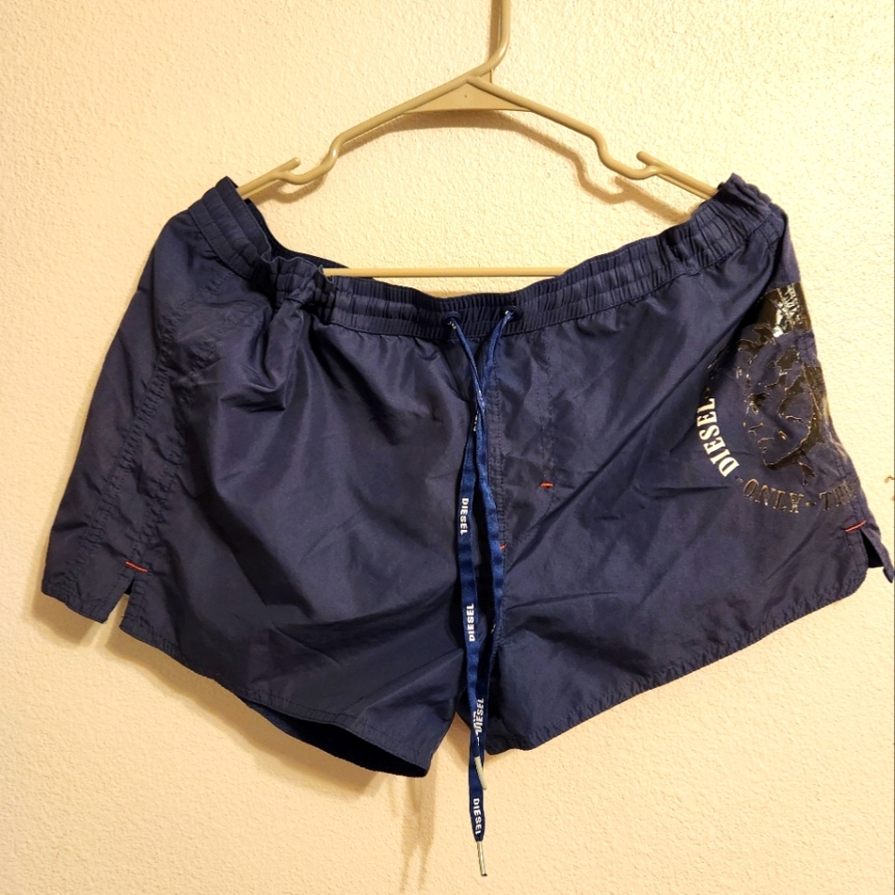 Diesel Beach Shorts Size L Men's damaged mesh navy black logo blue strings